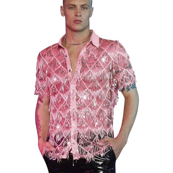 Pink Sequined Fringe Sheer Short Sleeve Party Festival Unisex Snap Shirt Size XL - Picture 1 of 11